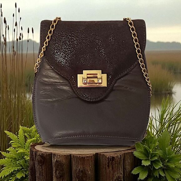 Vtg 80s Leather Crossbody Bag Chain Strap Brown Suede Clasp Lock Karam USA‎ Made - Picture 16 of 16